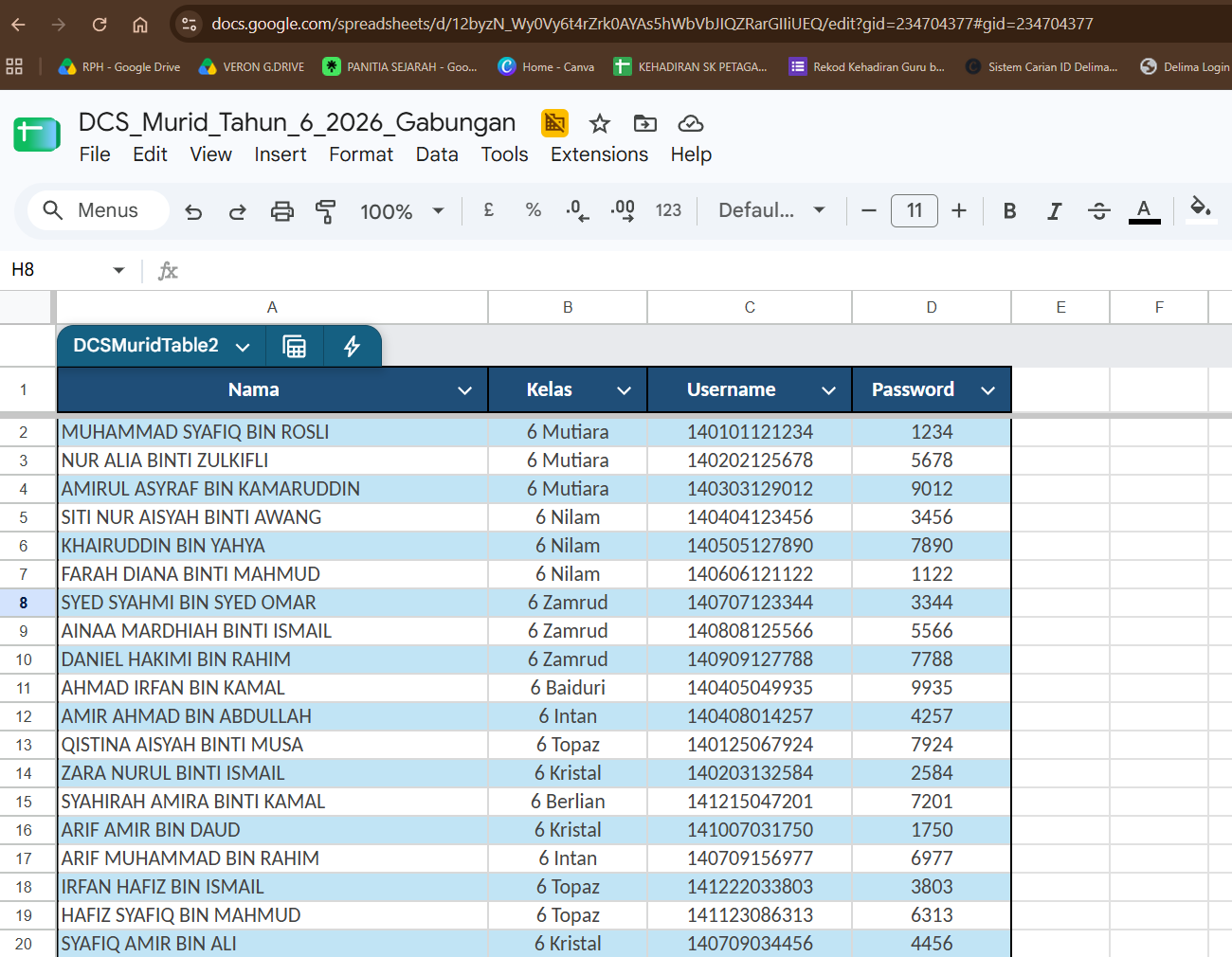 Langkah 1: Sediakan Google Sheet atau Excel dengan empat lajur data murid