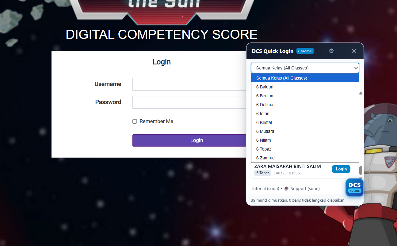 Langkah 4: Pilih kelas murid daripada menu dropdown DCS Quick Login